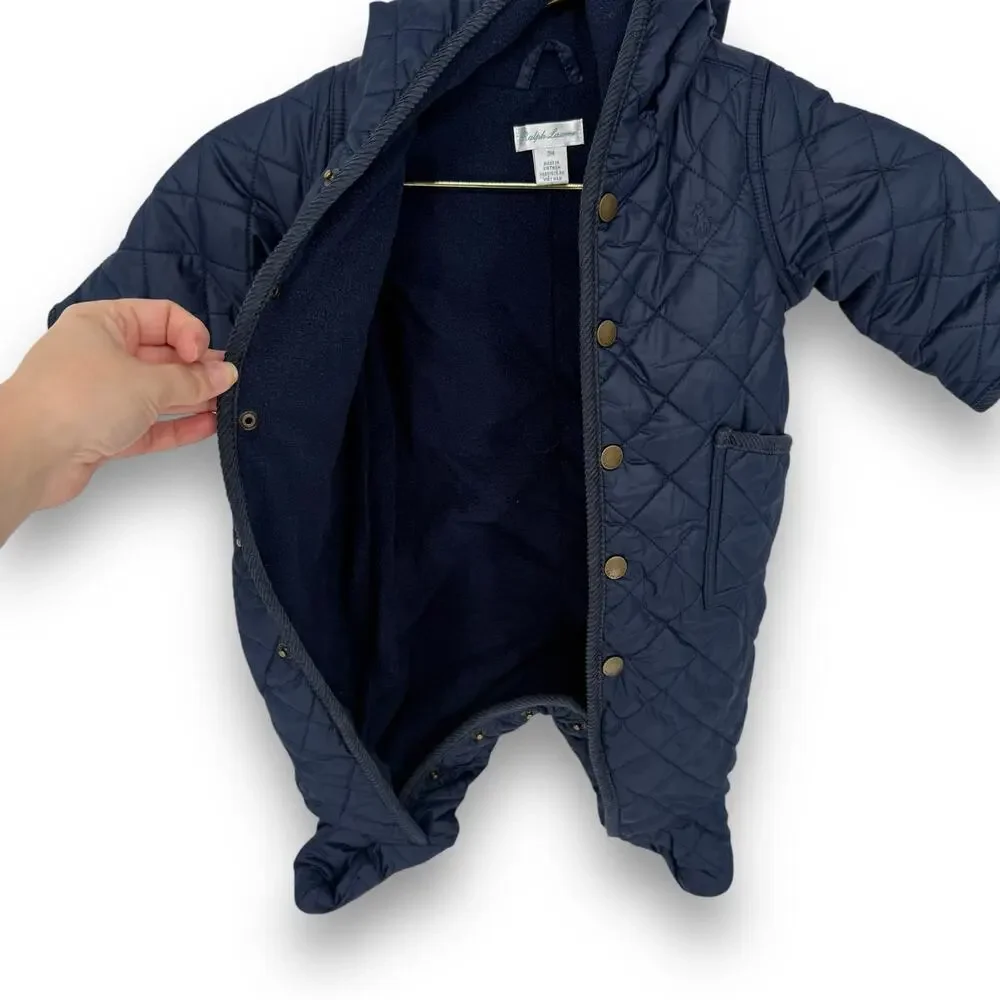 Ralph Lauren Hooded Barn Bunting Baby Quilted Snowsuit  Newport Navy Blue 3M